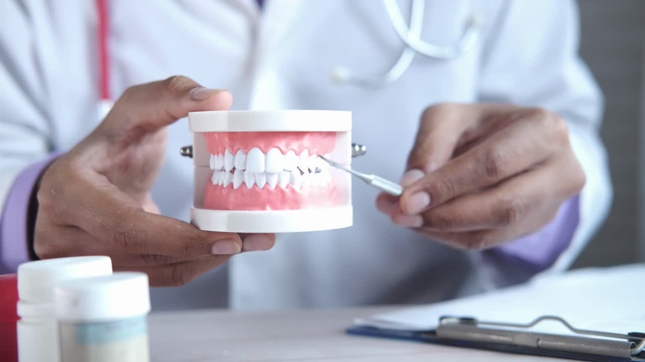 modelo de dentista que examina los dientes