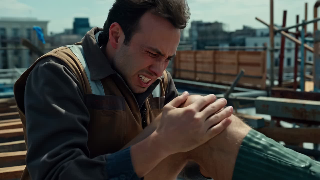 Man experiencing severe leg pain on a rooftop