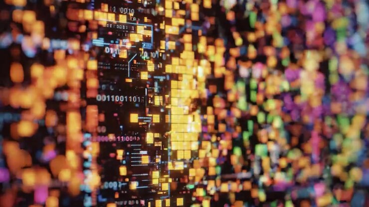 A Vibrant Display of Digital Data: An Intricate Visual Journey Through a Colorful Glitchy Matrix of Ones and Zeros Meaningfully Intertwined in a Cybernetic Realm