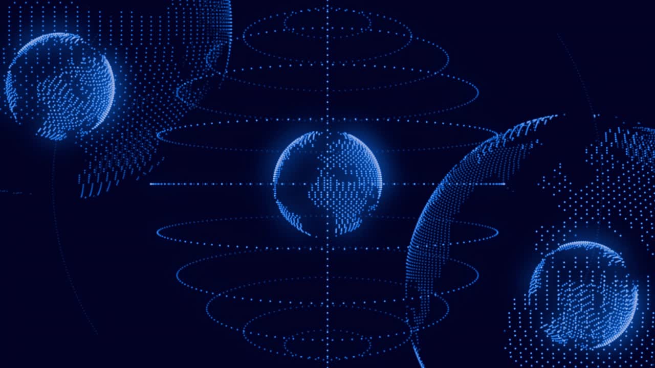 Central globe rotating, badges moving, counts growing, cursor hovering causing ripple marking nodes
