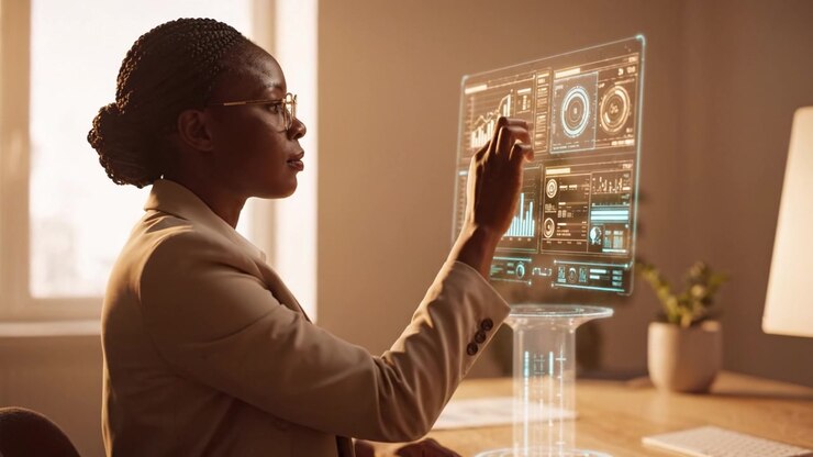 Focused Professional Analyzing Data with Innovative Holographic Technology in a Modern Workspace Environment for Enhanced Decision-Making and Productivity