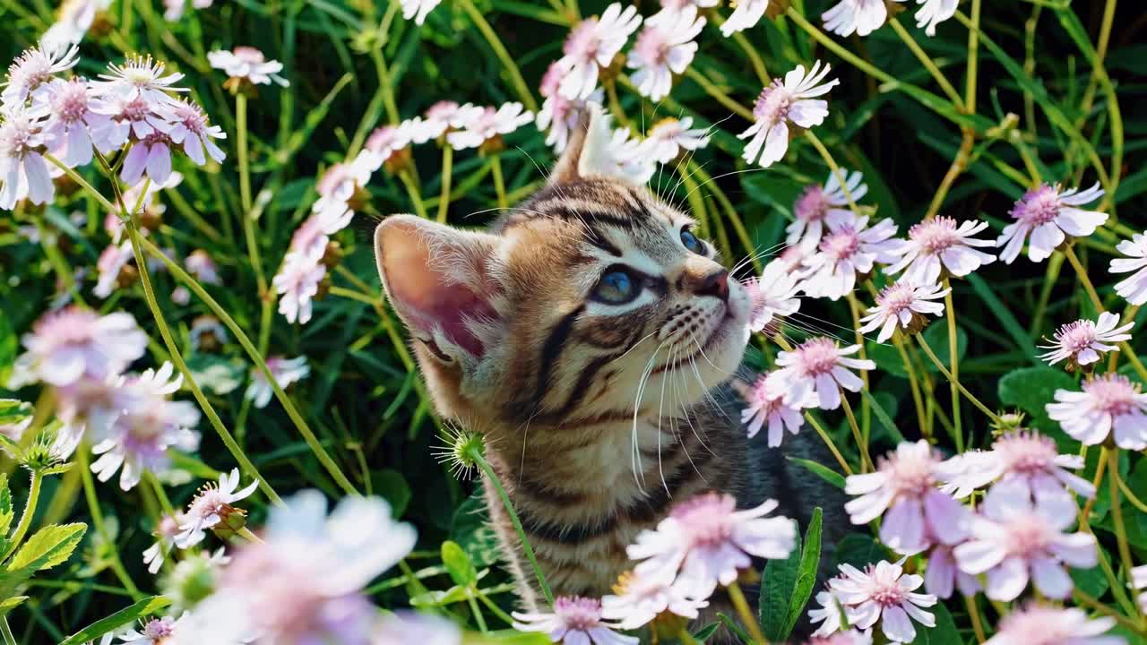 A close-up video angle captures a curious kitten among pink flowers, highlighting nature's beauty