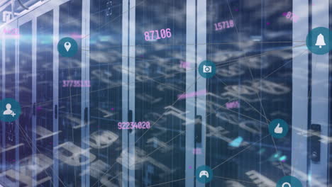 animación del procesamiento de datos y los iconos de los medios en la sala del servidor