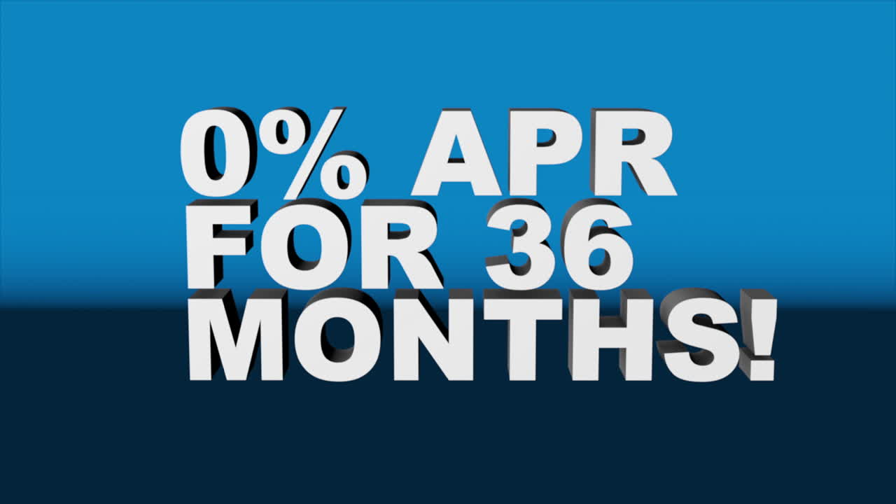 A 3D graphic rendered with Cinema 4D, of white 3D text &amp;quot;0% APR FOR 36 MONTHS
