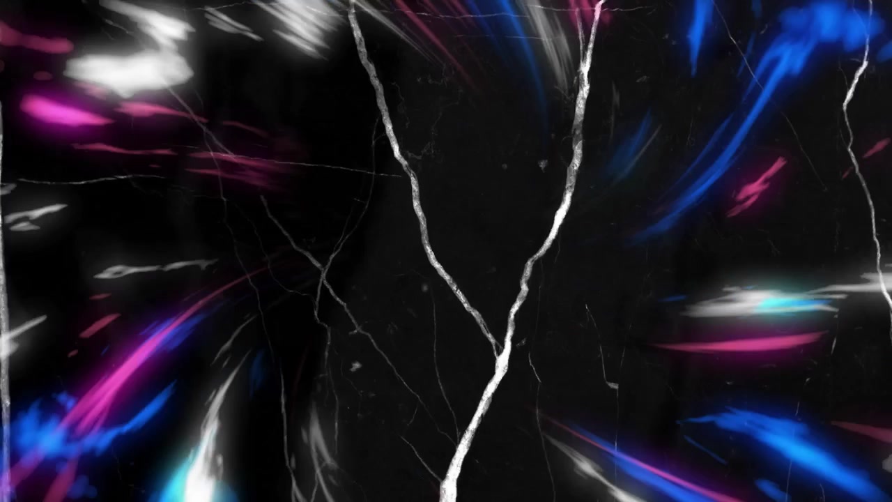 At start white crack splitting void sending neon streaks inward forming digital vortex reconverging