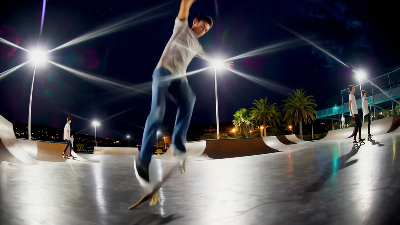 Night Skateboarding in an Urban Skatepark