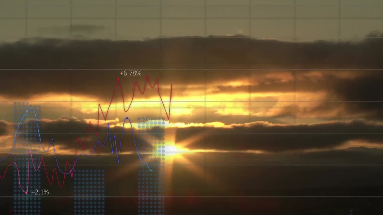 animación del procesamiento de datos financieros sobre el paisaje