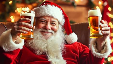 a man in a santa claus suit sitting in a chair holding two glasses of beer