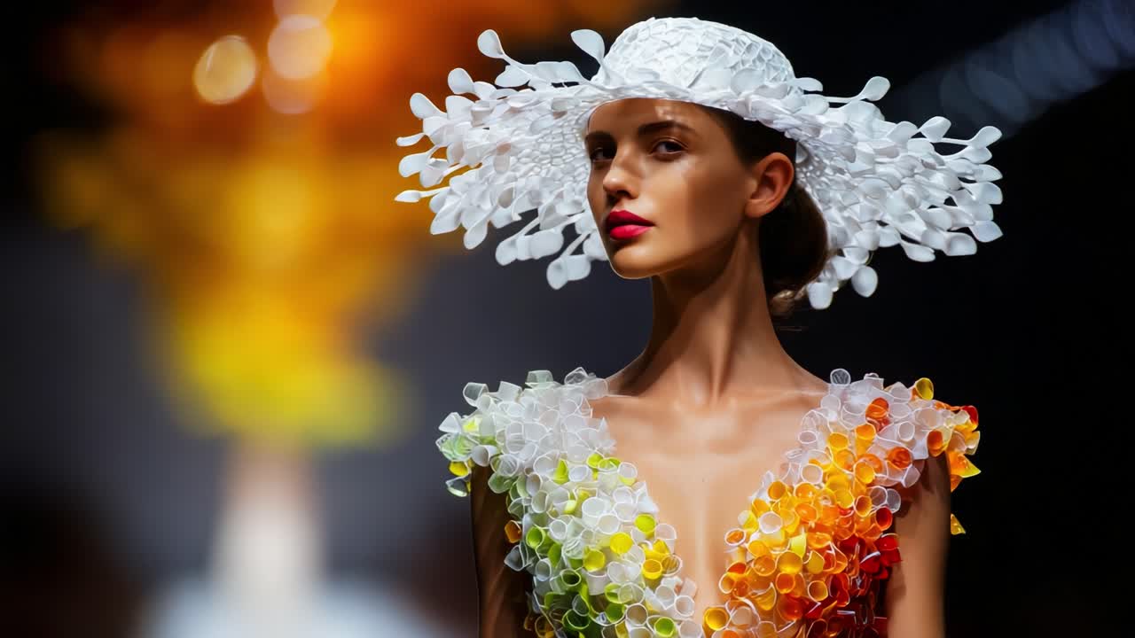A Stunning Fashion Runway Showcase: A Model Presents a Vibrant, Floral-Inspired Outfit, Embellished with Colorful Accents and a Unique Hat, Captivating the Audience in an Artistic Display