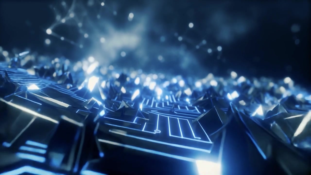 Abstract Digital Circuit Board Landscape with Glowing Data Connections