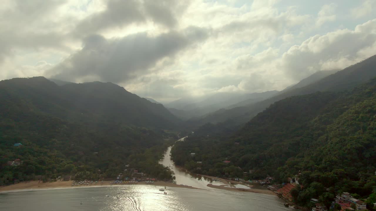Panoramic View Over Tuito River And Yelapa Beach On A Cloudy Day In Jalisco, Mexico - aerial drone shot