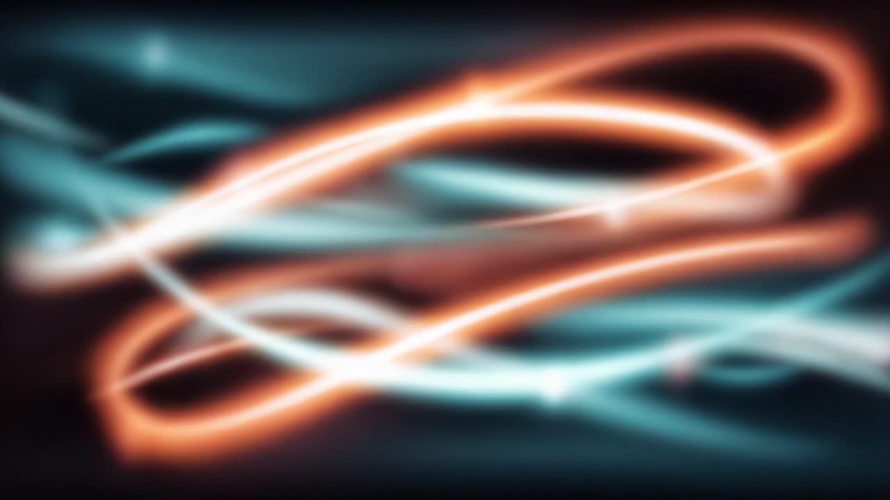 Seamless looping animation of glowing orange and cyan light streaks, forming an elegant and energetic abstract pattern on a dark background, representing technology and dynamic motion