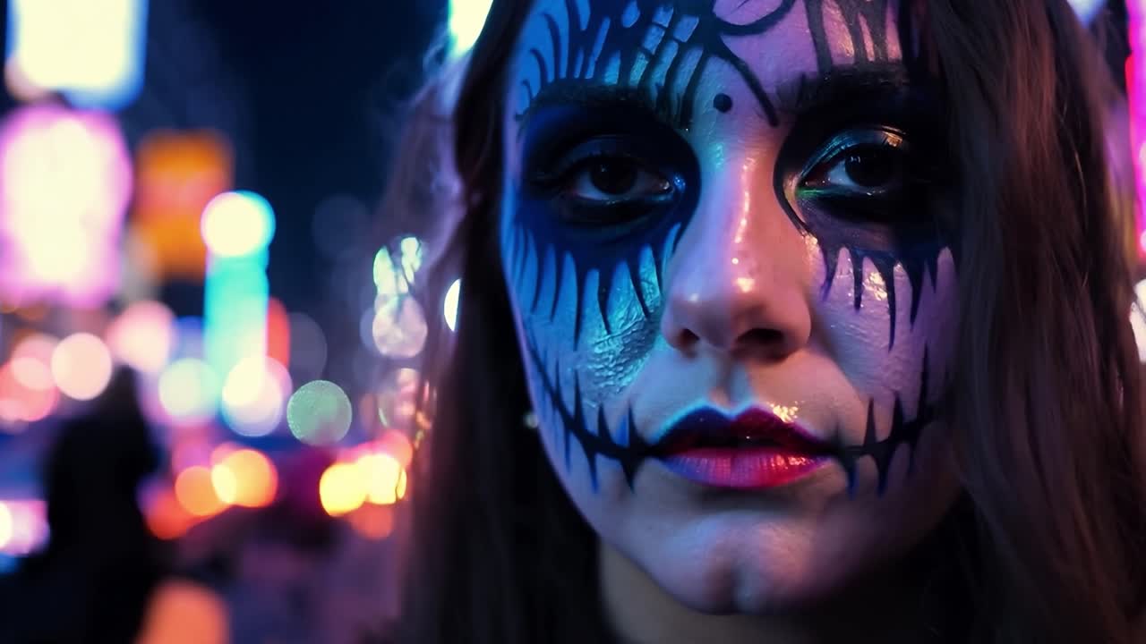 mujer con disfraz de halloween en la ciudad por la noche
