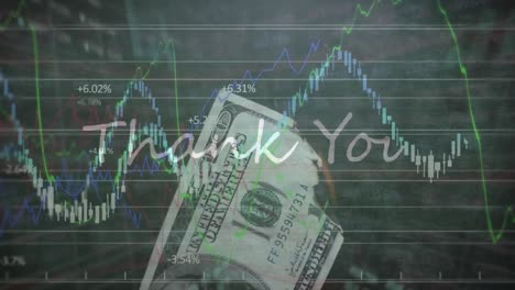 Animation-of-thank-you-text-banner-over-financial-data-processing-against-burning-dollar-bill
