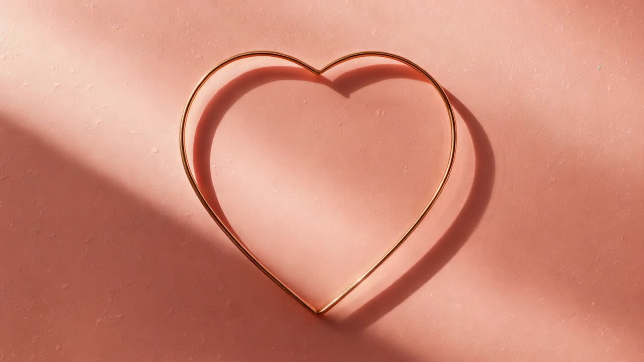 Luce soffusa e ampia che muove un'ombra diagonale su una superficie rosa, rivelando una cornice a forma di cuore in fil di ferro dorato