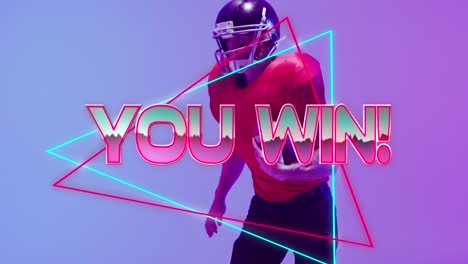 Animation-of-you-win-text-and-neon-shapes-over-american-football-player-on-neon-background