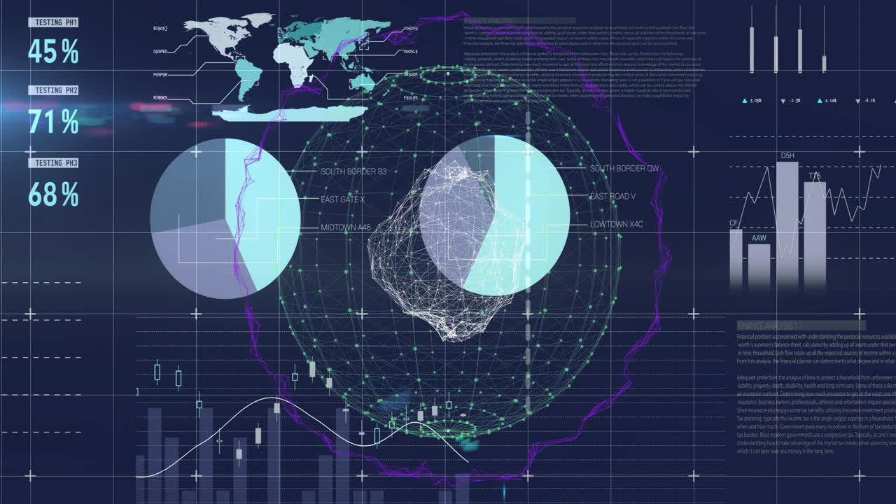 Animation of digital globe with data charts illustrating global analytics processing
