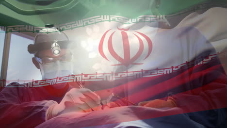 animación de la bandera de irán ondeando sobre los cirujanos en el quirófano