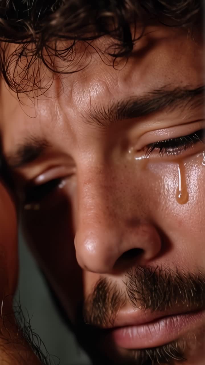 Emotional Moment Captured: Close-Up of a Man in Reflection with Tears, Highlighting Vulnerability and Introspection in a Profound Experience of Human Emotion