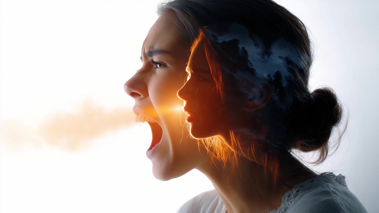 Uma poderosa representação visual de emoção intensa, retratando a luta de uma mulher entre seu eu interior e sua expressão exterior através de imagens vívidas e contrastes