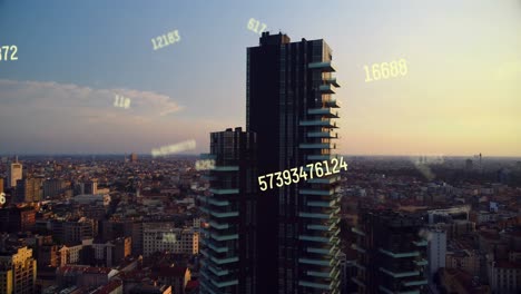 Animation-of-multiple-changing-numbers-floating-against-aerial-view-of-cityscape