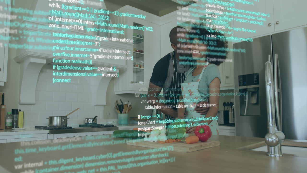 Animation of data processing over african american couple preparing dinner in kitchen