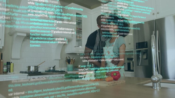 Animation of data processing over african american couple preparing dinner in kitchen