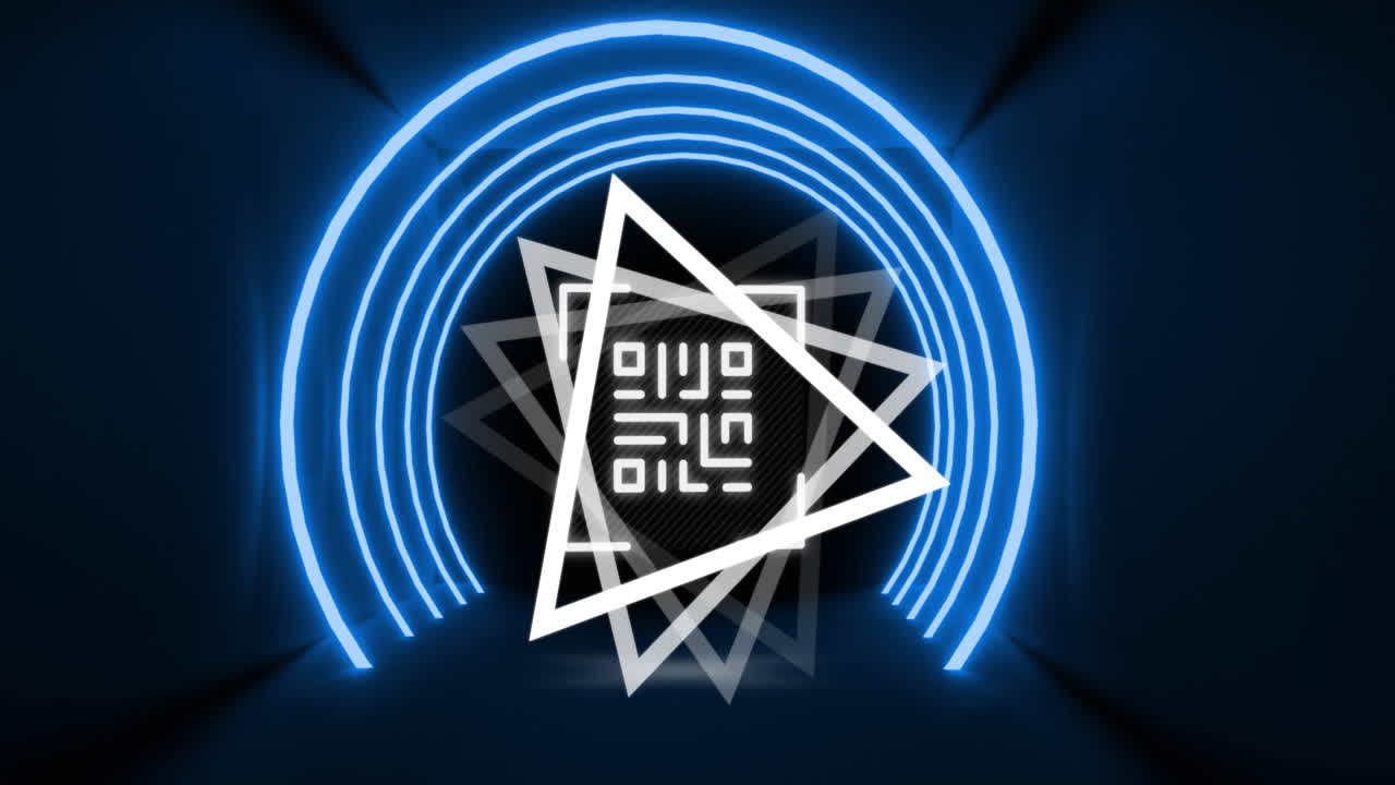 Animation of glowing qr code over neon geometric shapes