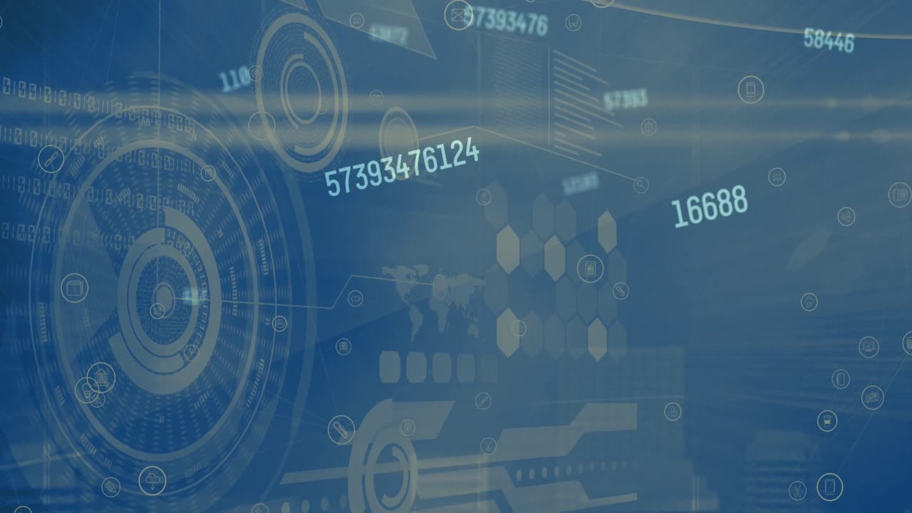 Animation of numbers changing, data processing and scopes scanning