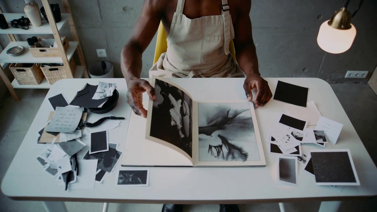 Placing hands on portfolio, aproned artist turning pages at table, reviewing monochrome prints