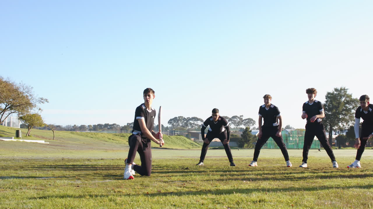 Playing cricket outdoors, team practicing fielding and batting on grassy field