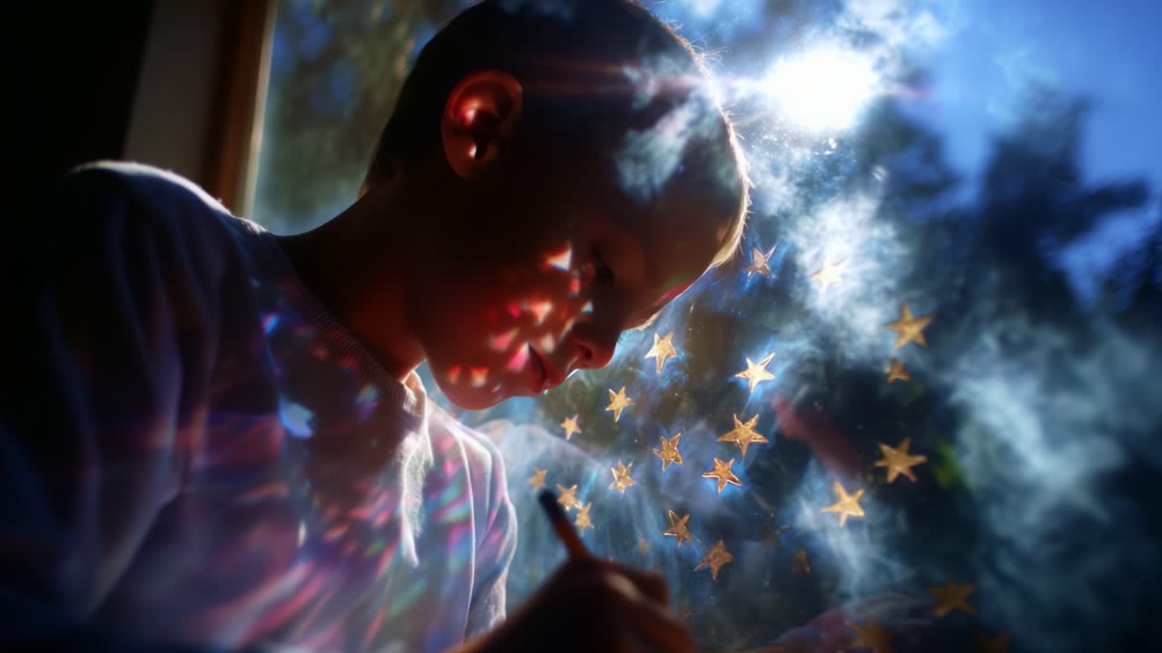 A Young Child's Creative Journey: Capturing Moments of Imagination as He Delicately Illustrates Stars on a Window, Bathed in Playful Reflections of Light and Color in a Magical, Dreamy Atmosphere