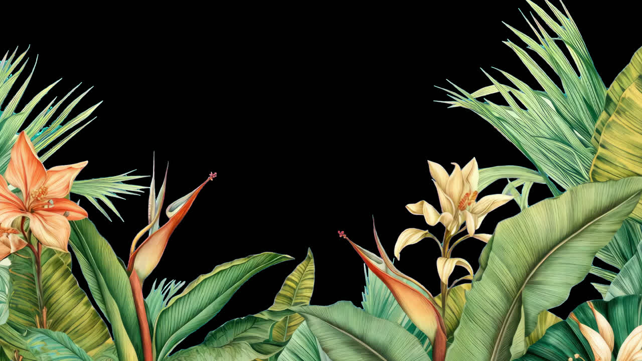 Tropical botanical foliage design animated overlay, transparent 4K video, alpha channel, ProRes 4444