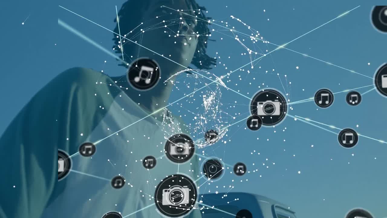 animación de la red de conexiones con iconos de los medios sobre el hombre afroamericano