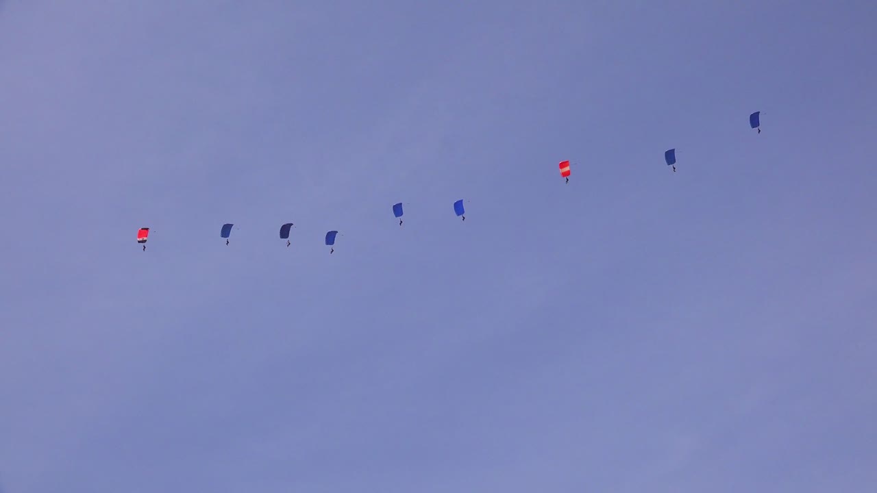 엘리트 군대와 공수부대원들이 훈련 작전 중 현장으로 스카이다이빙하고 착륙합니다 3