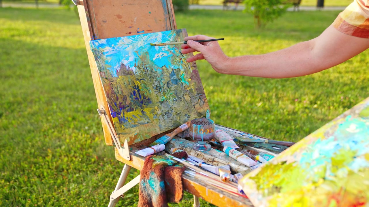 Mano di artista che dipinge un paesaggio colorato su un cavalletto all'aperto