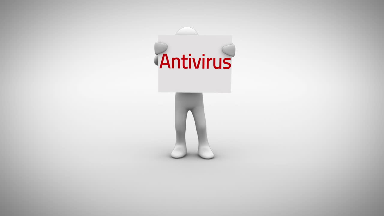 White character holding sign saying antivirus