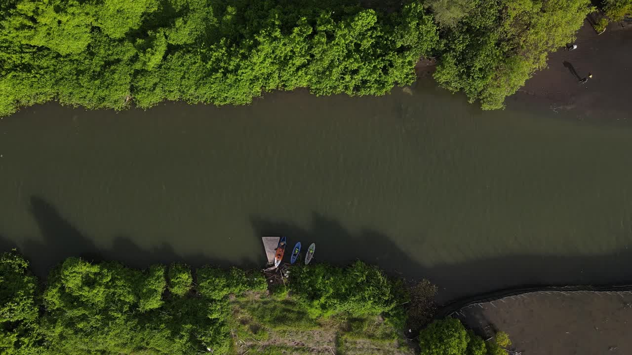 공중 풍경, 강변에 기대어 있는 카누와 강변에 있는 두꺼운 초록색 나무