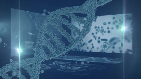 Animation-Von-DNA-Helixen-über-Virusinfiziertem-Blut-Vor-Computersprache-Im-Hintergrund