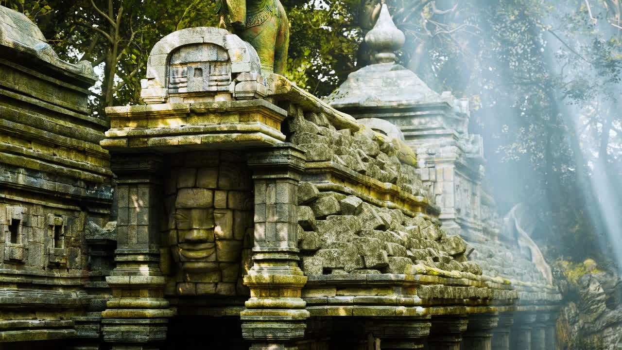 Ancient stone temple ruins in cambodia illuminated by soft sunlight
