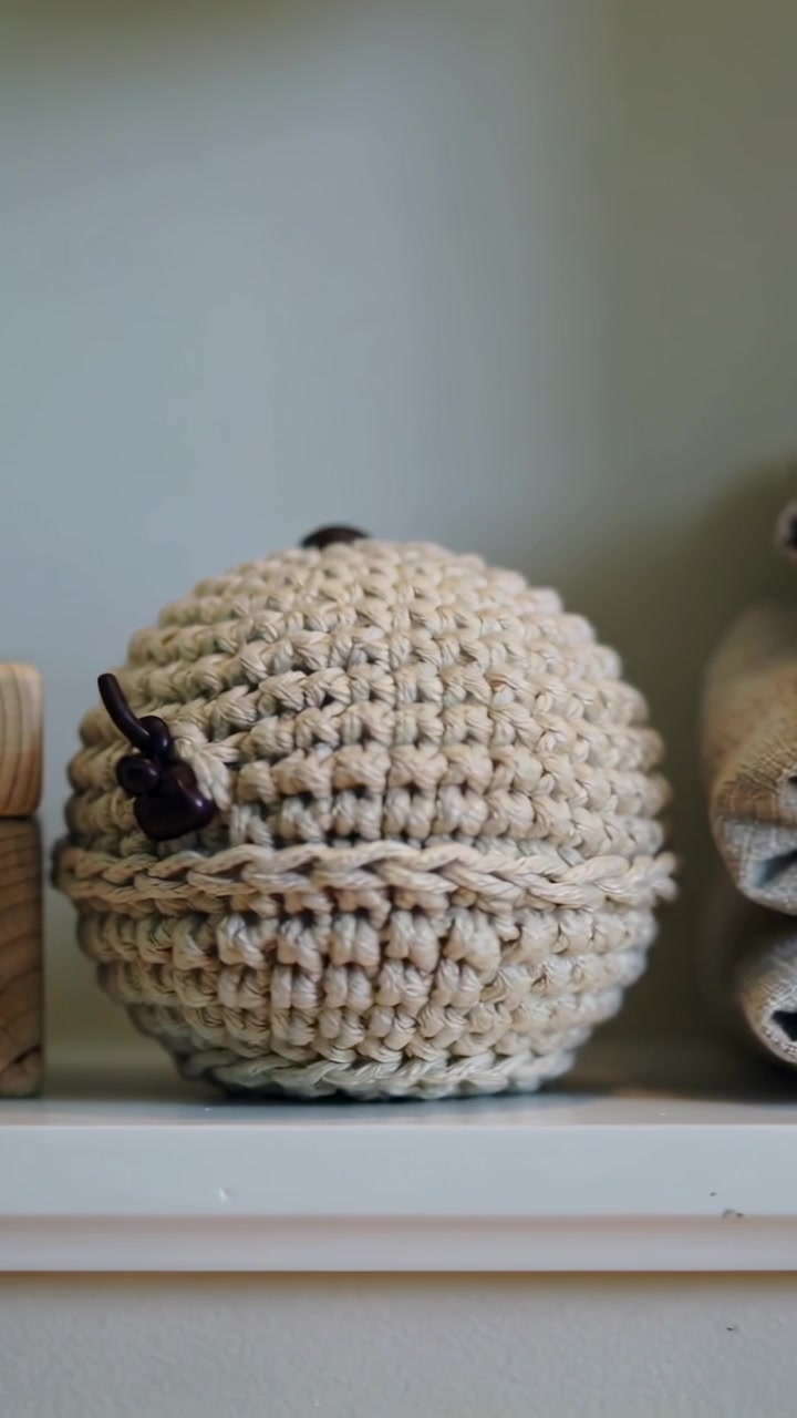 Vertical video: Panning camera highlighting crochet pouch with bead on shelf near blocks and linens