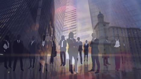 Animation-of-cityscape-over-caucasian-diverse-business-people