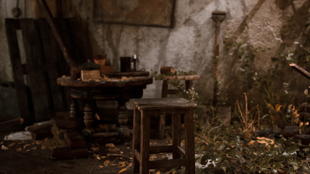 오래된 나무 의자 와 테이블 을 가진 시골 의 작업실