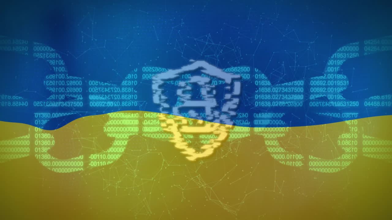 Animace blockchainu a štítu s visacím zámkem přes vlajku Ukrajiny.