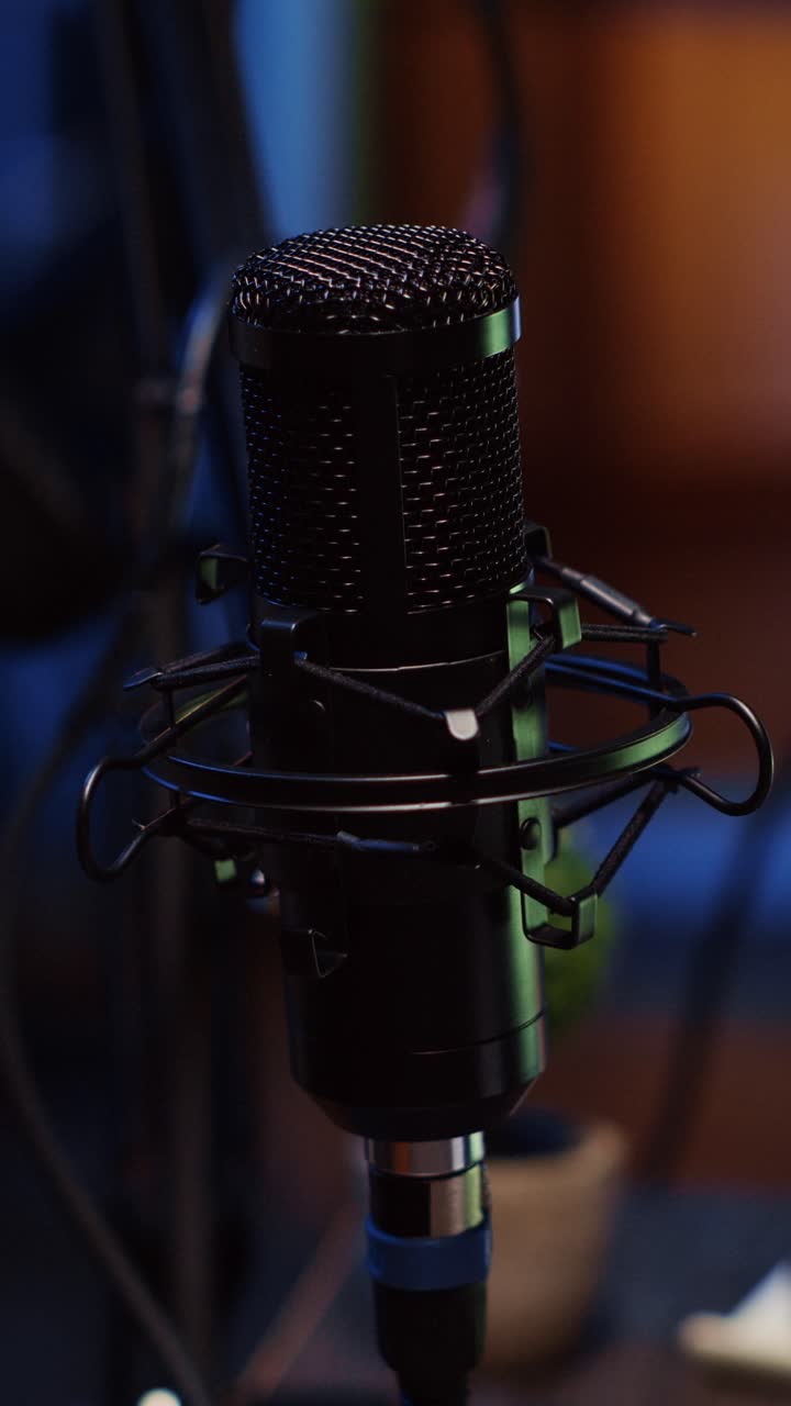 Vertical video Close up shot of professional microphone used to record podcast conversations