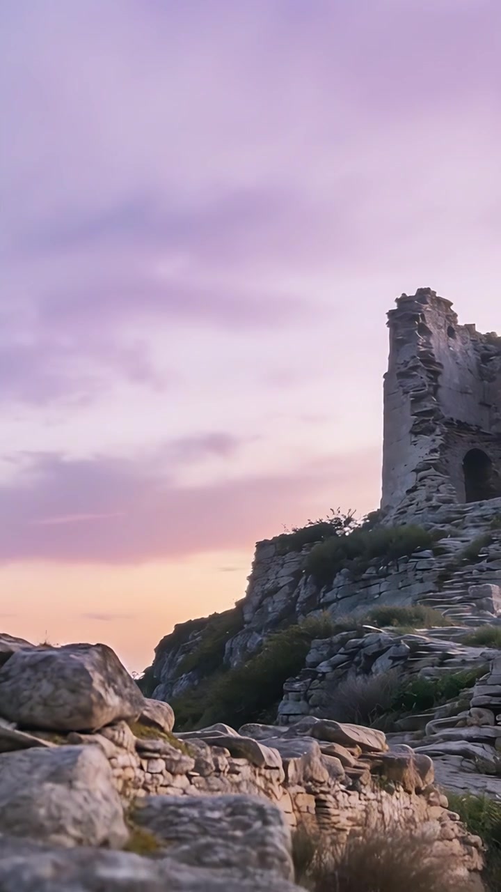 Video verticale: La telecamera panoramica rivela una torre in rovina su uno sperone roccioso, con la luce del giorno che sfuma al crepuscolo.