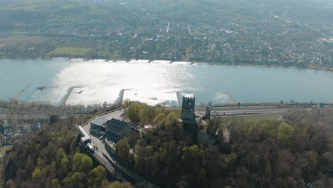 drone - aerial shot of the drachenfels with the river rhine siebengebirge near bonn - königswinter