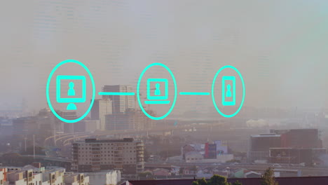 animación de iconos digitales sobre el paisaje urbano