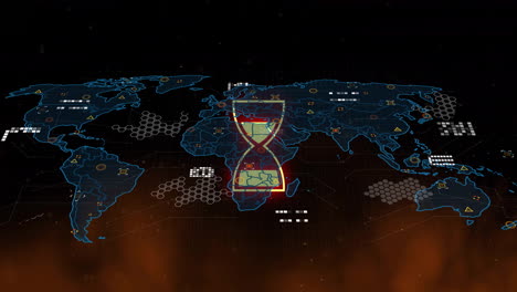 animation of hourglass icon and digital data processing over world map