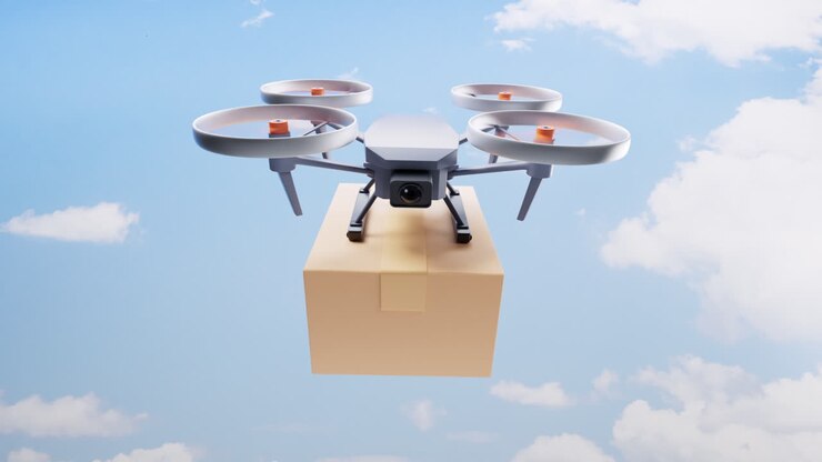 Drone realistico che trasporta la scatola, rendering 3D